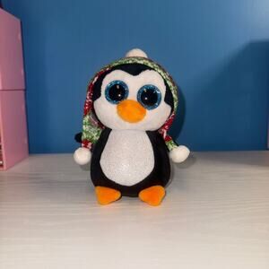 TY Beanie Baby Penelope Penguin Plush 6” Blue Sparkle Eyes Winter Hat Toy